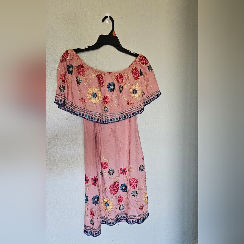 Caruso Pink Strapless Dress with Floral Embroidery